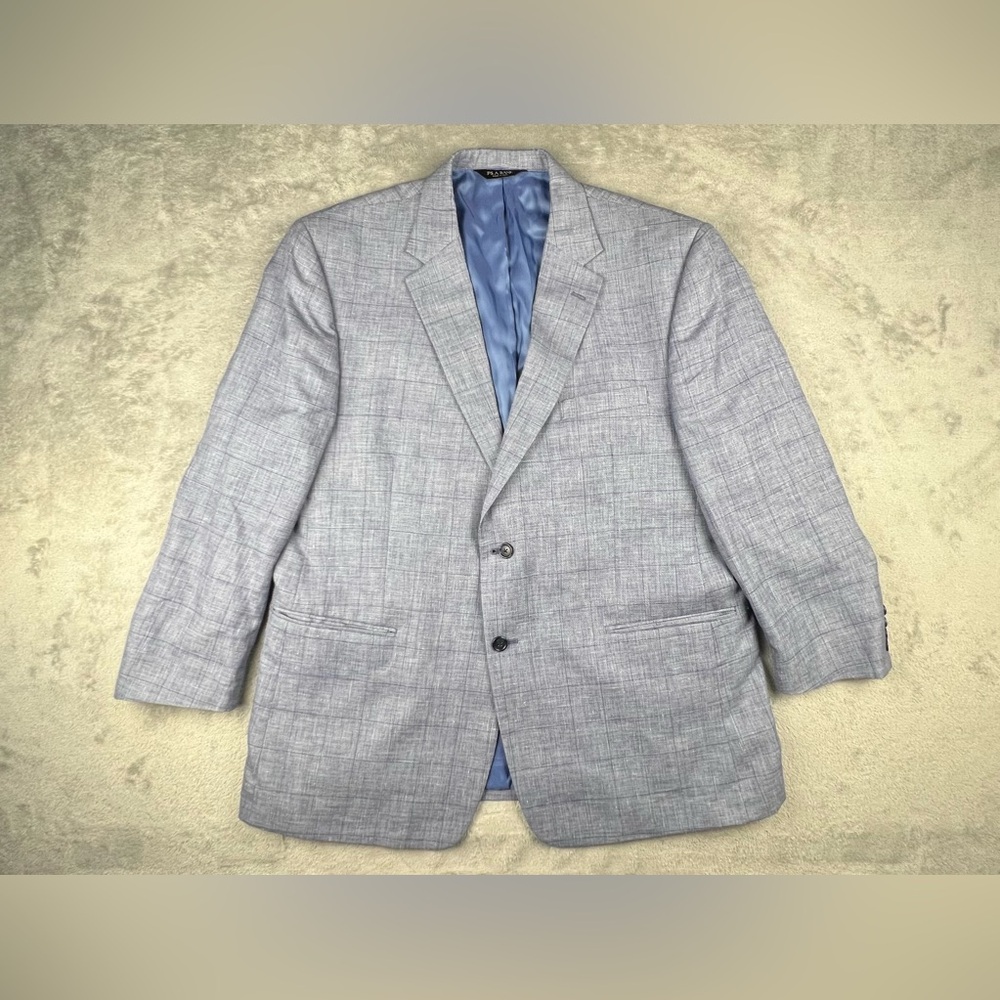 Jos A Bank Wool Silk Linen Blazer Mens 48R Regular Blue Plaid Tailored Fit Tweed